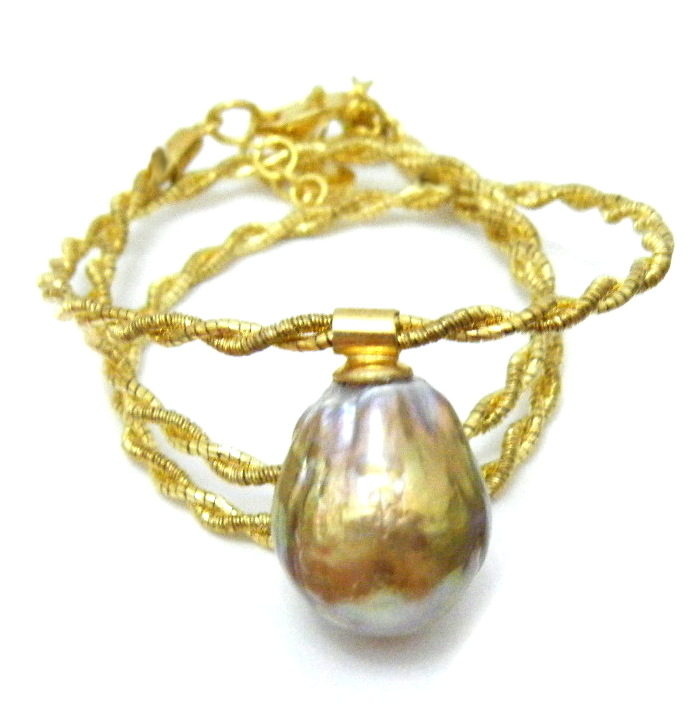Gold Ripple Drop Pearl Pendant on Twisted Rope